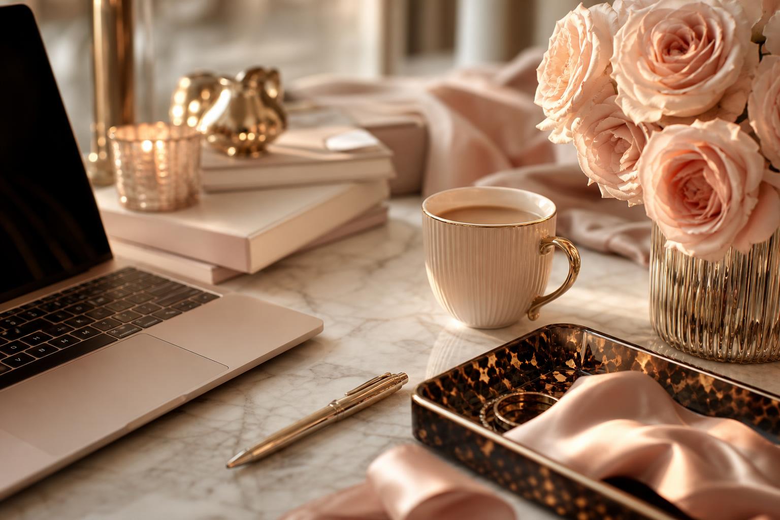 Luxury desk with laptop, coffee, gold jewellery and peonies